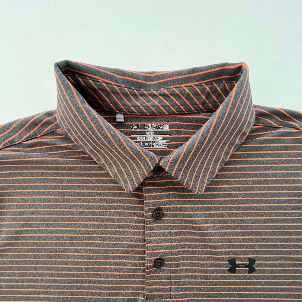 Under Armour Golf Shirt, Heatgear, 2XL Loose, Grey with Orange Stripes, EC!